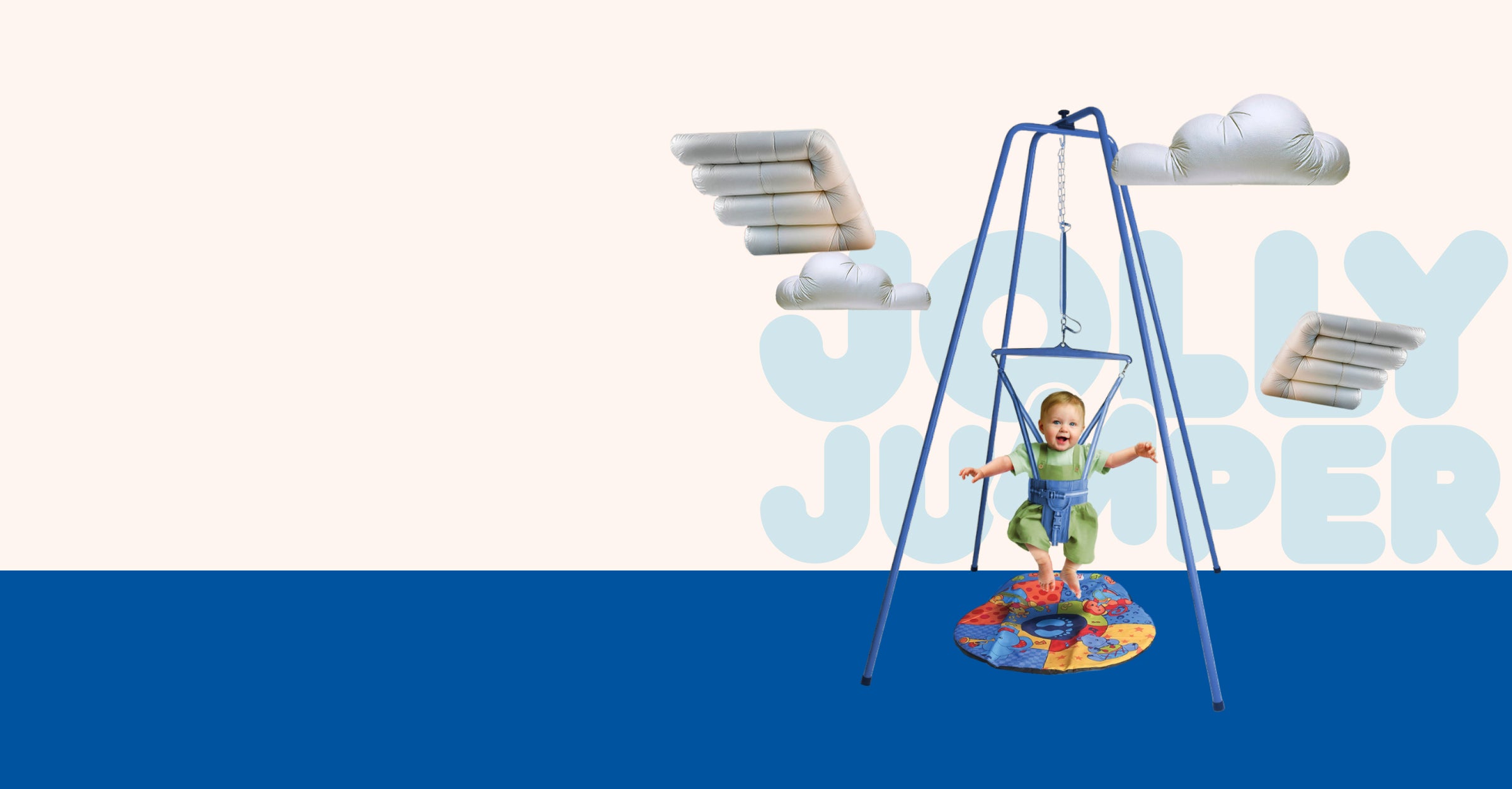 Baby in a green outfit using a Jolly Jumper with Stand and Musical Mat, surrounded by playful cloud graphics and bold “Jolly Jumper” branding in the background