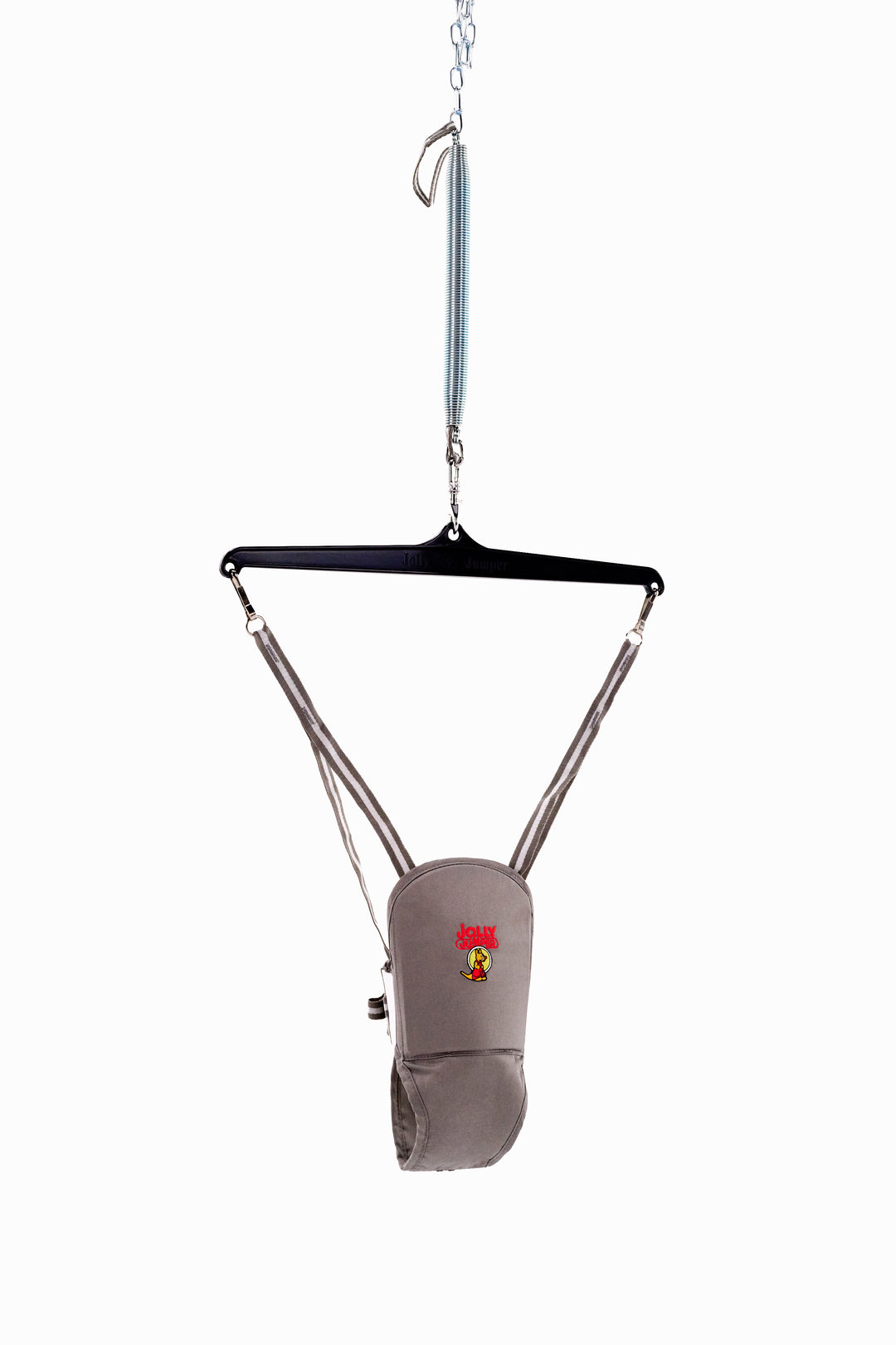 Jolly Jumper bouncer in charcoal grey colourway with padded saddle and brand logo, on white background