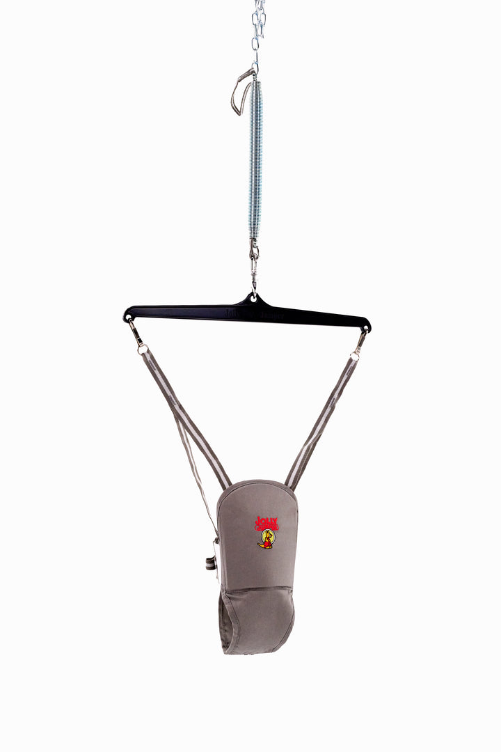 Jolly Jumper bouncer in charcoal grey colourway with padded saddle and brand logo, on white background