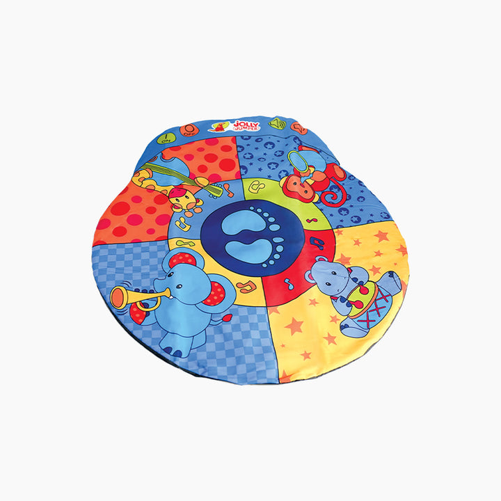 Jolly Jumper Musical Mat with colorful animal characters and bright blue, red, and yellow sections designed for interactive baby play